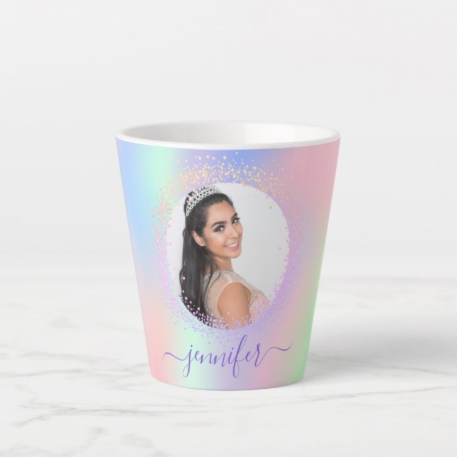 Holographic photo pink purple name script latte mug (Front)