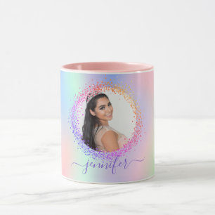 Holographic photo pink purple name script mug