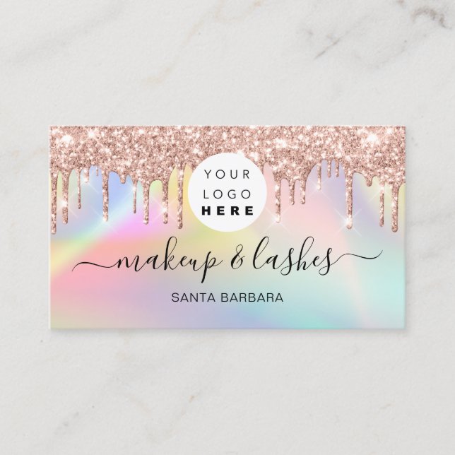Holographic Pink Blue Logo QR Lash Makeup Drips Business Card (Front)