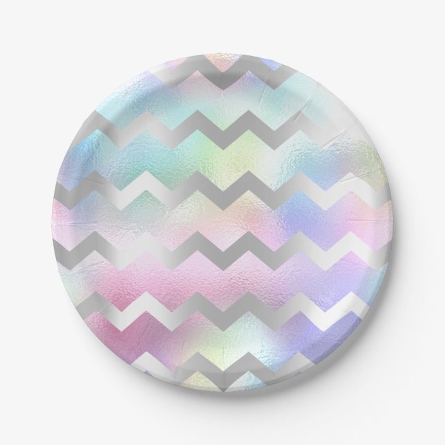 Holographic Pink Blue Unicorn Rainbow Chevron Paper Plate (Front)