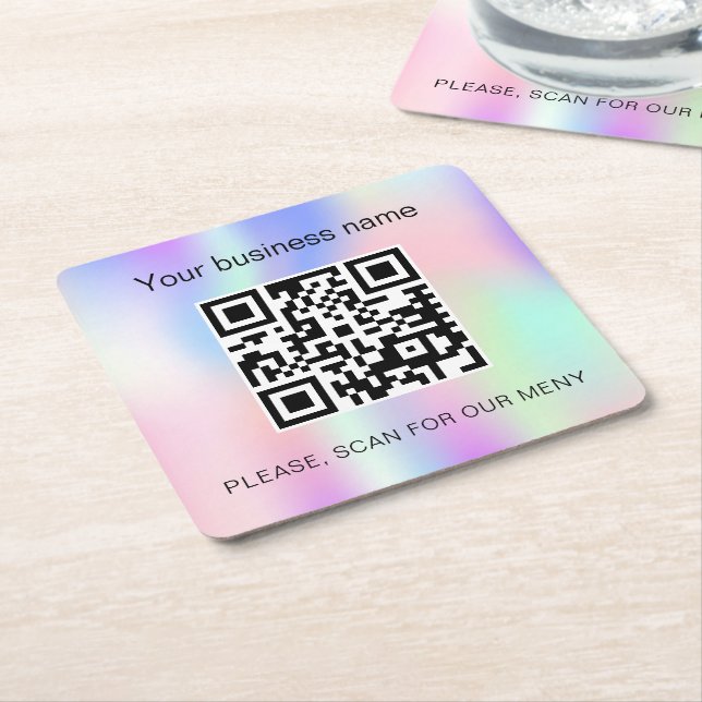 Holographic pink business bar restaurant qr code square paper coaster (Angled)