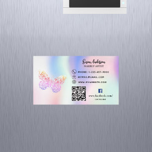 Holographic pink butterfly QR code Facebook Magnetic Business Card