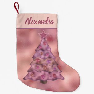 Holographic Pink Christmas Tree Double-Sided Name Small Christmas Stocking
