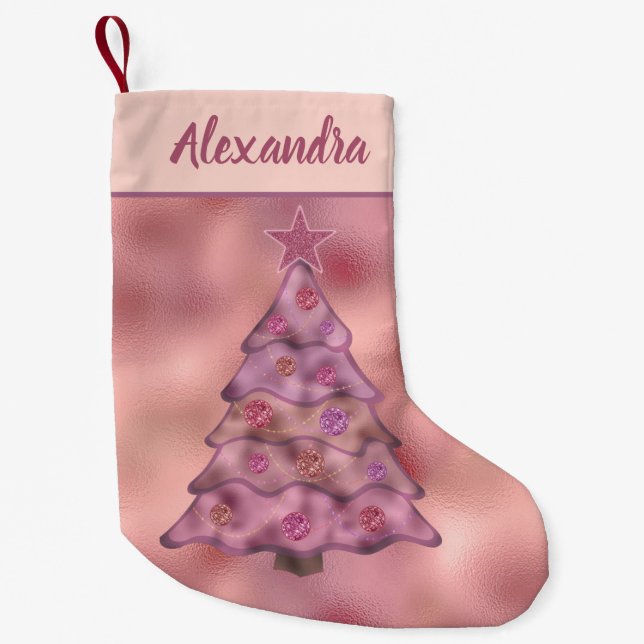 Holographic Pink Christmas Tree Double-Sided Name Small Christmas Stocking (Front)