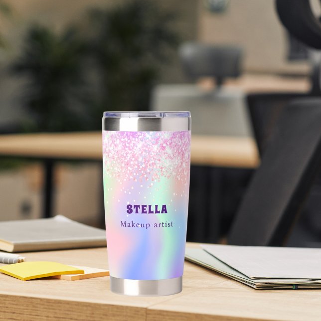 Holographic pink custom name business insulated tumbler (Creator Uploaded)
