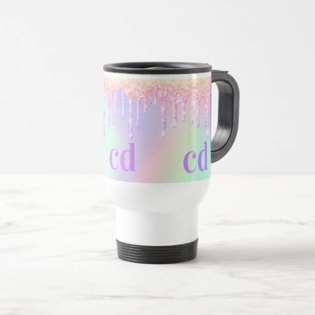 Holographic pink drips monogram travel mug (Front Right)