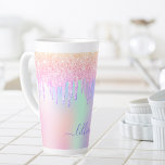 Holographic pink drips name script latte mug<br><div class="desc">A trendy holographic background with unicorn and rainbow pastel colours in pink, purple, mint green. Decorated with drips in pink and purple. Personalise and add a name, written with a modern hand lettered style script with swashes. Purple coloured letters. To keep the swashes only delete the sample name, leave the...</div>