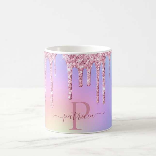 Holographic Pink Glitter Drips Elegant Monogram Coffee Mug (Center)