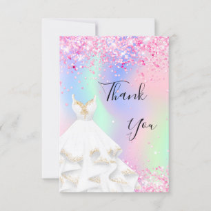Holographic pink glitter white dress thank you card