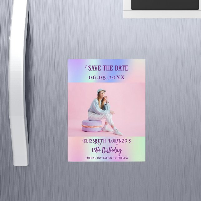 Holographic pink photo birthday Save the Date (Creator Uploaded)