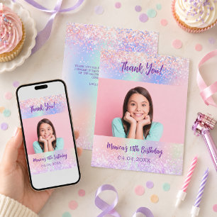 Holographic pink photo birthday thank you card
