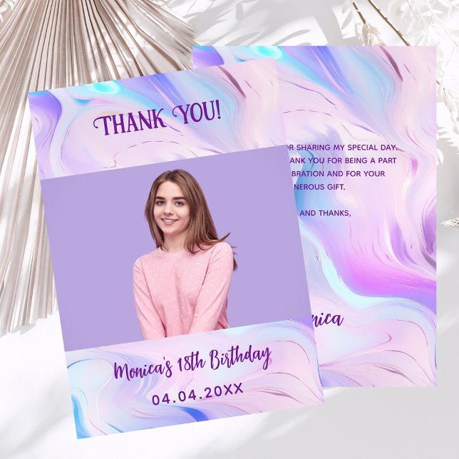 Holographic pink  photo birthday thank you card (Creator Uploaded)