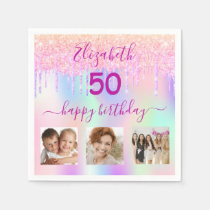 Holographic pink photo glitter birthday napkin