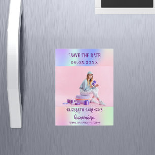 Holographic pink photo Quinceanera Save the Date