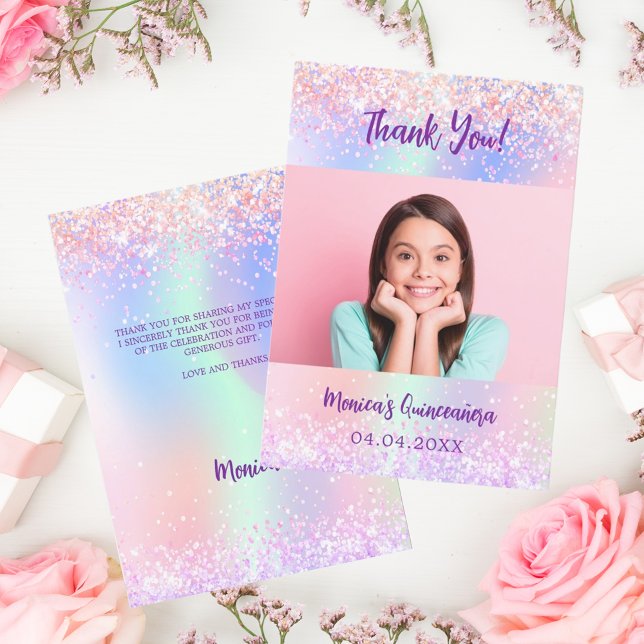 Holographic pink photo Quinceanera thank you card (Creator Uploaded)