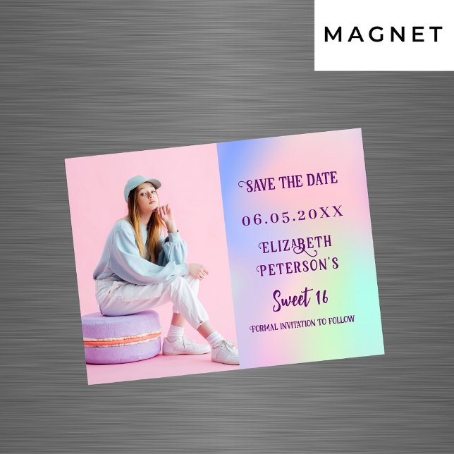 Holographic pink photo Sweet 16 Save the Date (Creator Uploaded)