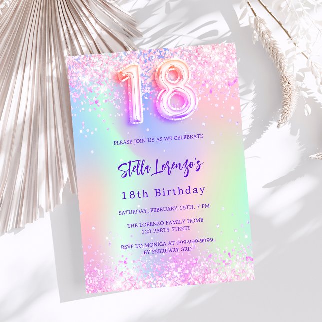 Holographic pink purple 18th birthday invitation (Creator Uploaded)