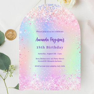 Holographic pink purple birthday arch invitation