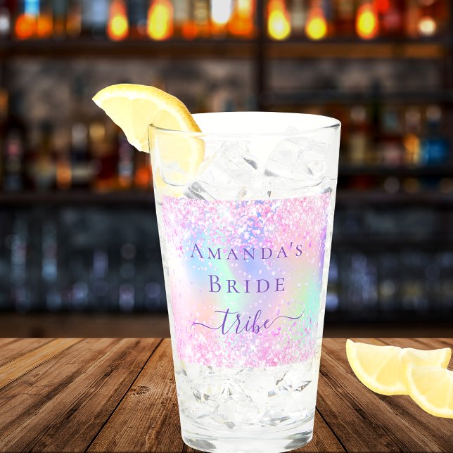 Holographic pink purple bride tribe bachelorette glass (Creator Uploaded)