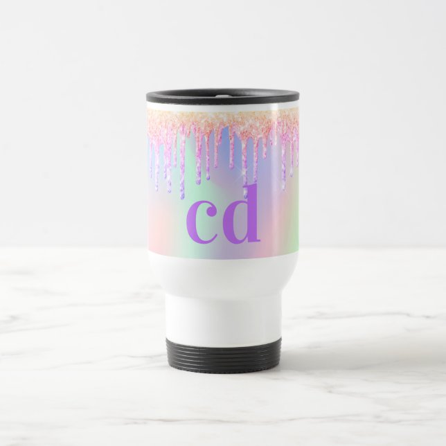 Holographic pink purple glitter drips monogram travel mug (Center)
