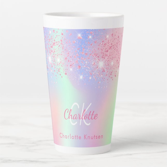 Holographic pink purple glitter mint name latte mug (Front)