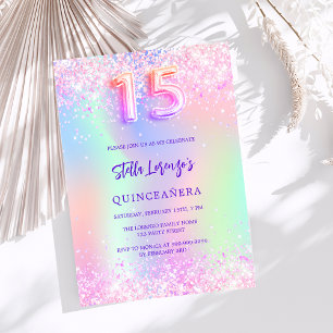 Holographic pink purple glitter Quinceanera Invitation