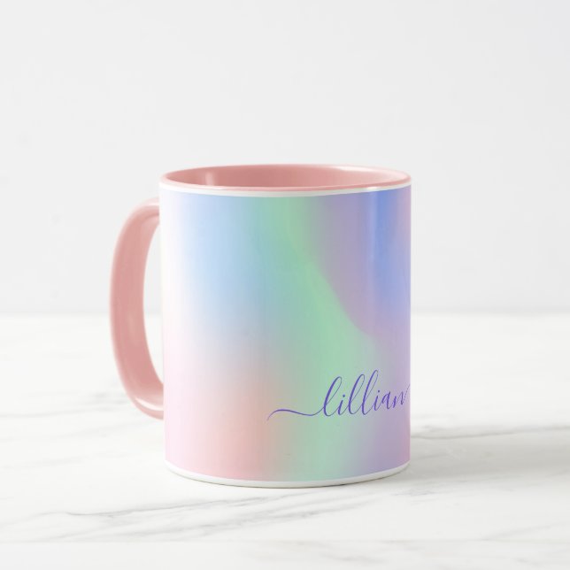 Holographic pink purple green name script mug (Front Left)