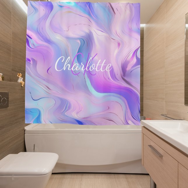 Holographic pink purple monogram initials name shower curtain (Creator Uploaded)