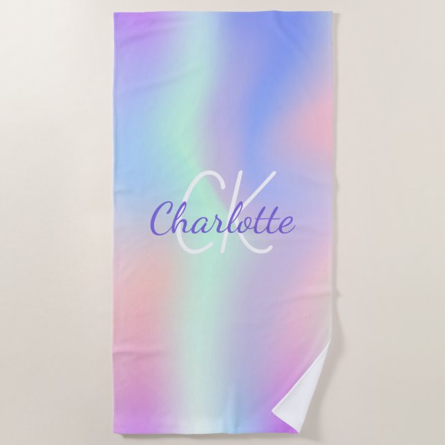 Holographic pink purple monogram name  beach towel (Front)