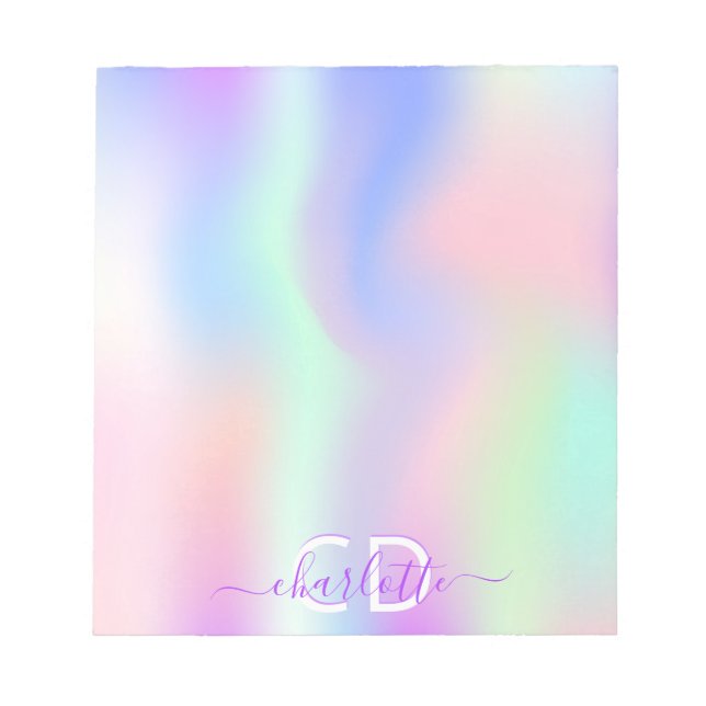 Holographic pink purple monogram name notepad (Front)