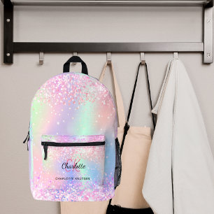 Holographic pink purple monogram name printed backpack