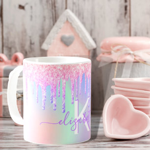 Holographic pink purple name monogram coffee mug
