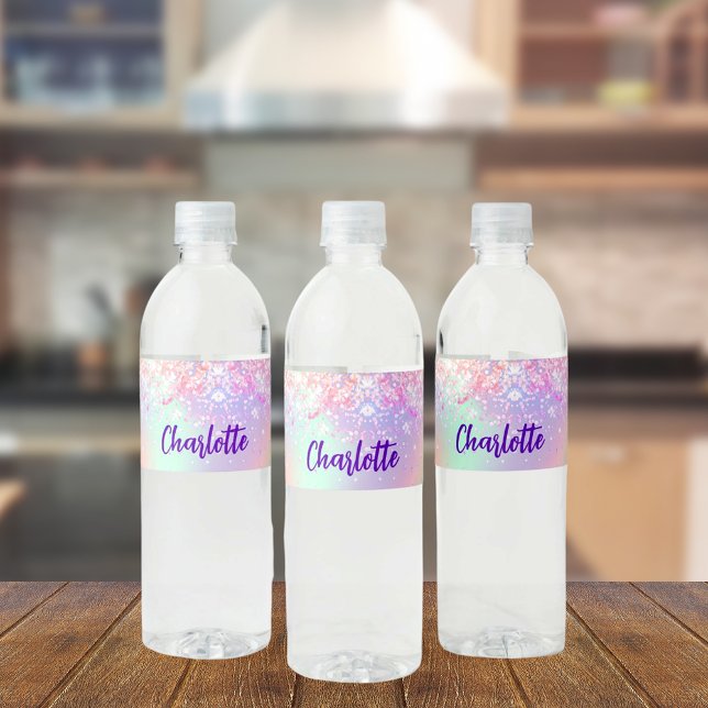 Holographic pink purple name water bottle label (Creator Uploaded)