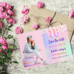Holographic pink purple photo 18th birthday save the date<br><div class="desc">A modern and elegant Save the Date for a 18th birthday party.  Holographic,  pink,  purple mint green background. Personalise and add a photo,  date and name.</div>