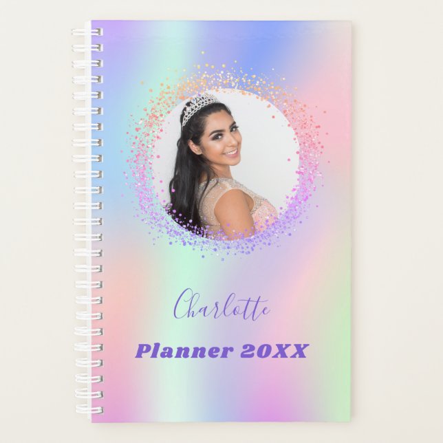 Holographic pink purple photo appointment 2026 planner (Front)