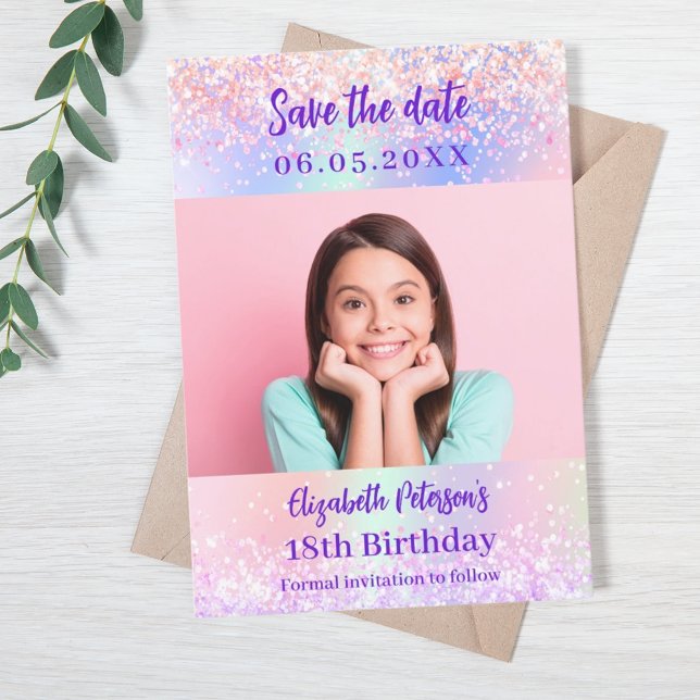 Holographic pink purple photo birthday save the date (Creator Uploaded)