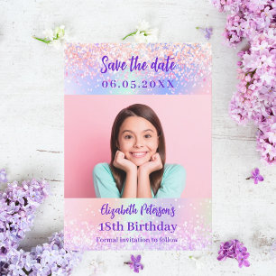 Holographic pink purple photo birthday save the date