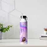 Holographic pink purple photo name water bottle<br><div class="desc">A pink,  purple holographic coloured background.  Personalise and add your name and a profile photo. Purple letters.</div>