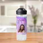 Holographic pink purple photo name water bottle<br><div class="desc">A pink,  purple holographic coloured background.  Personalise and add your name and a profile photo. Purple letters.</div>