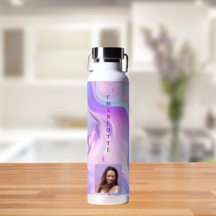 Holographic pink purple photo name water bottle