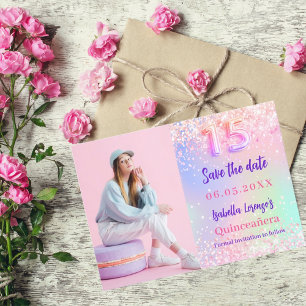 Holographic pink purple photo Quinceanera Save The Date