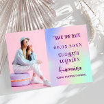 Holographic pink purple photo script Quinceanera Save The Date<br><div class="desc">A modern and elegant Save the Date for a Quinceañera. Holographic,  pink,  purple mint green background. Personalise and add a photo,  date and name.</div>