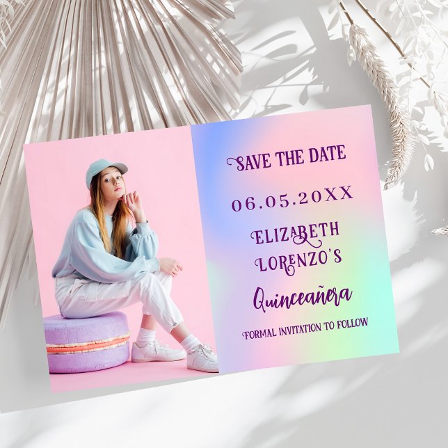 Holographic pink purple photo script Quinceanera Save The Date (Creator Uploaded)