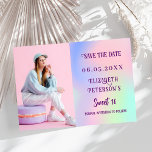 Holographic pink purple photo script Sweet 16 Save The Date<br><div class="desc">A modern and elegant Save the Date for a Sweet 16. Holographic,  pink,  purple mint green background. Personalise and add a photo,  date and name.</div>