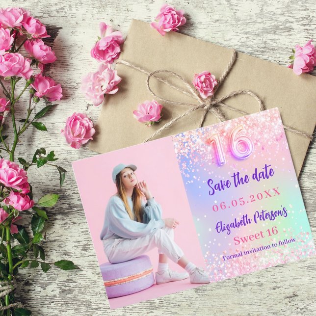 Holographic pink purple photo Sweet 16 Save The Date (Creator Uploaded)