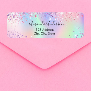 Holographic pink purple sparkles return address