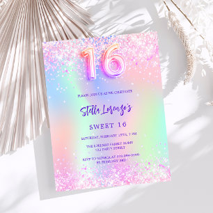 Holographic pink purple Sweet 16 budget invitation