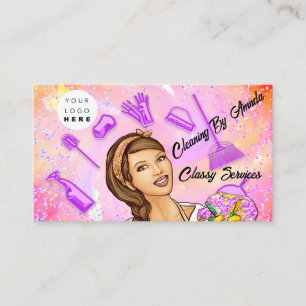 Holographic Pink QR Code Logo Home Maid Cleaning Business Card