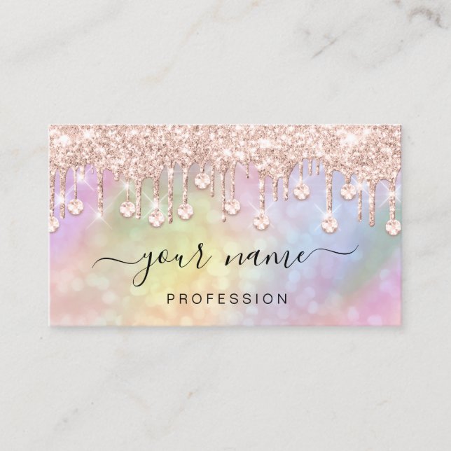 Holographic Pink Rose  Drips Makeup Artist Business Card (Front)