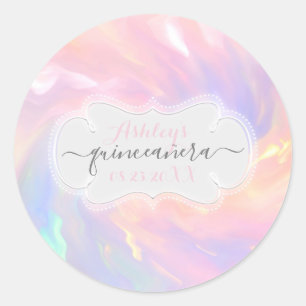 Holographic Princess Pink Name Date Quinceañera Classic Round Sticker